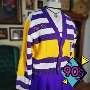 Vintage 1992 Dehen PC Letterman Sweater Purple Varsity Knit White & Gold Stripes